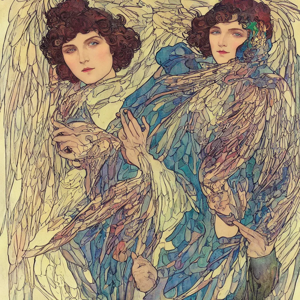 Image similar to Archangel Michael, beautiful eyes, symmetrical face, paint, ink, palettes, spectrum, in the style of Joshua Middleton, Mucha, Kandinsky