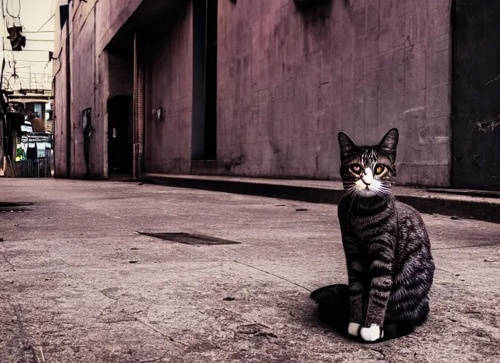 Image similar to photography of a Cat sitting on a box. in a cyberpunk street, award winning photo, colors, 100mm, sharp, high res