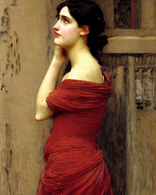 Image similar to portrait en buste of woman in greek dress by John William Waterhouse, Frederic Leighton