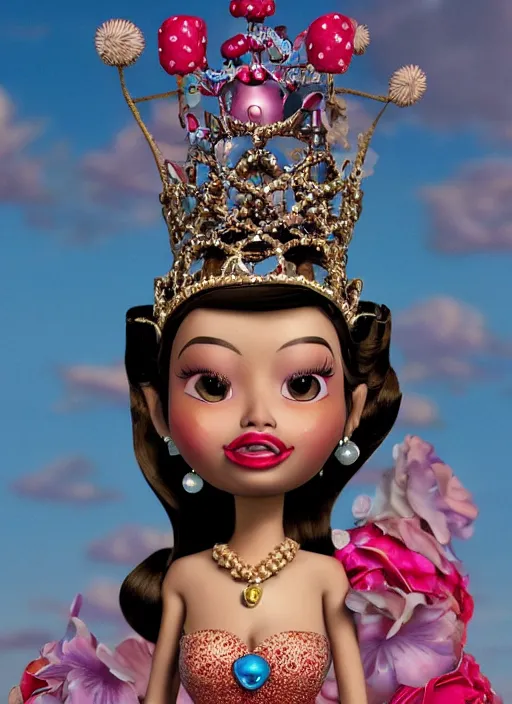 Image similar to closeup face profile portrait of tin toy sylvia sims as a fairytale princess wearing a crown eating cakes, bikini, depth of field, zeiss lens, detailed, symmetrical, centered, fashion photoshoot, by nicoletta ceccoli, mark ryden, lostfish, breathtaking, 8 k resolution, extremely detailed, beautiful, establishing shot, artistic, hyperrealistic, octane render