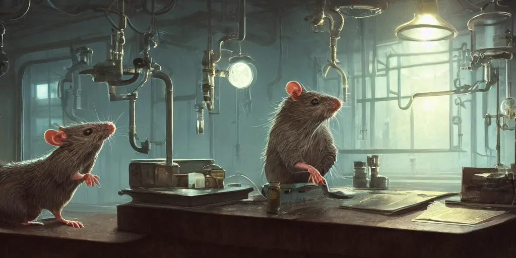 Image similar to highly realistic intricate rat standing on a desk in a laboratory with lots of flasks filled with magic liquids and poisonous fog, stephen bliss, unreal engine, fantasy art by greg rutkowski, loish, rhads, ferdinand knab, ilya kuvshinov, rossdraws, tom bagshaw, global illumination, radiant soft light, detailed and intricate environment