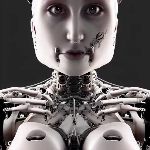 Image similar to An extremely beautiful biomechanical female looking robot with Emoji tattoos, chimeric organism, pale skin, organic polycarbon, full frontal portrait, ex machina, highly detailed, mendelbrot fractal, ray tracing, hyperdetailed, hyperrealistic, oppai cyberpunk, octane render, hdr, uhd 4k