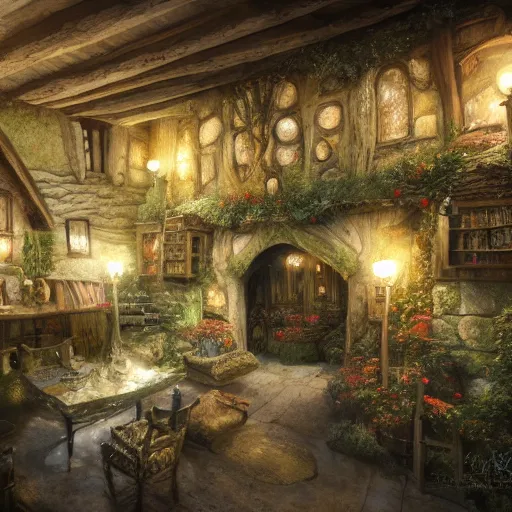 Prompt: Hobbiton house interior in the evening, detailed matte painting, cinematic, Alan Lee, Artstation