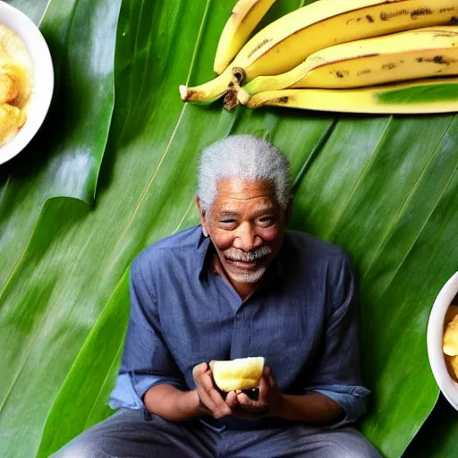 Prompt: Morgan freeman eating idli on a banana leaf