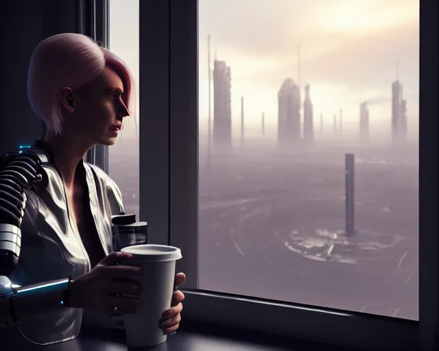 Prompt: a soft photo of a lifelike terminator cyborg lady with borg implants and optical fibers is drinking coffee near a window with dystopian city visible outside. very detailed 8 k. cyberpunk style. unreal engine render. global illumination. nanite. rtx. path tracing.