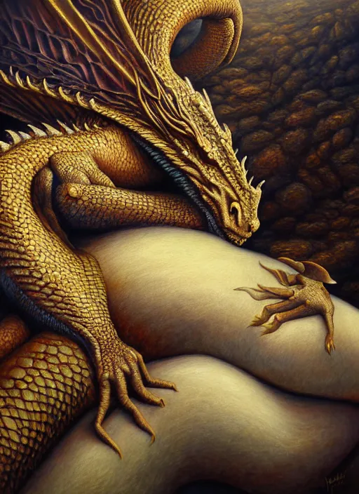 Image similar to portrait of a dragon dreaming of sheep, deviantart oil painting, award winning, highly detailed painting