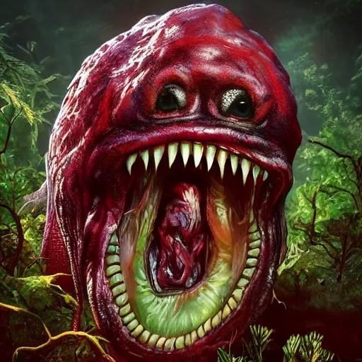 Image similar to a large slimy monster a with very long slimy tongue, dripping saliva, macro photo, fangs, red glowing skin, skin with scales, cinematic, tiny glowbugs everywhere, standing in shallow water, insanely detailed, dramatic lighting