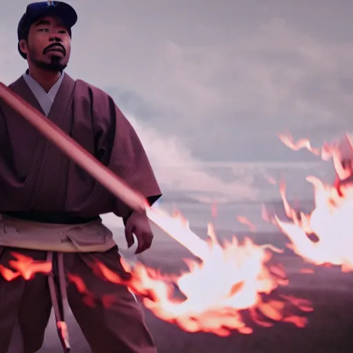 Image similar to cinematic film still of Chance The Rapper starring as a Samurai holding fire, Japanese CGI, VFX, 2022, 40mm lens, shallow depth of field, film photography