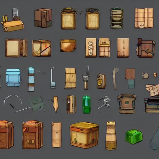 Image similar to modular inventory game items, very realistic , artstation, concept art ,