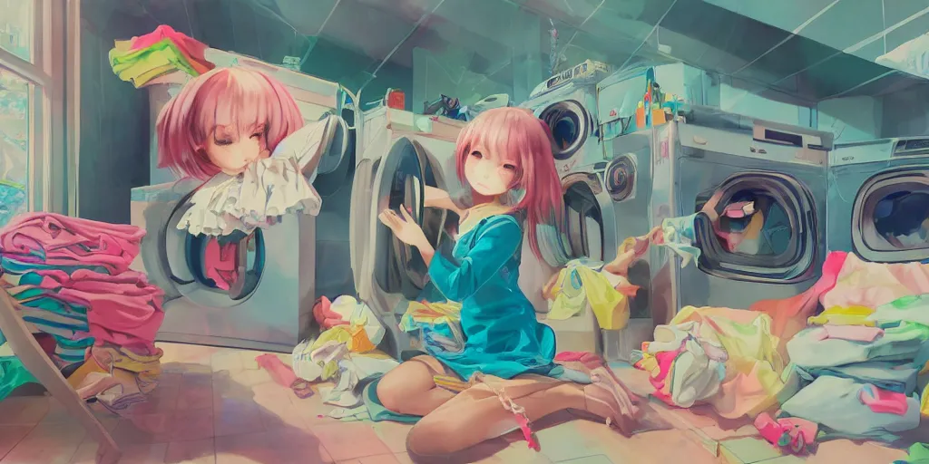 Prompt: extreme kawaii girl doing laundry, epic digital art illustration, wide angle, masterpiece, outstanding detail, illustration, colorgrading, LUTs, | 28mm |, great composition