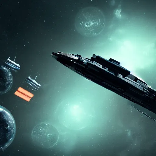 Image similar to spaceship transporting cargo containers, black background, eve online, the expanse, long shot, gritty, industrial