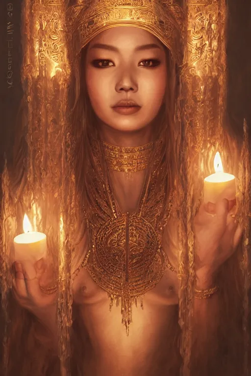 Image similar to Beautiful detailed portrait of an exotic goddess lit by candles, Nick Silva, Shin JeongHo, Wandah Kurniawan, Symmetrical composition with people centered, realistic proportions, trending on artstation