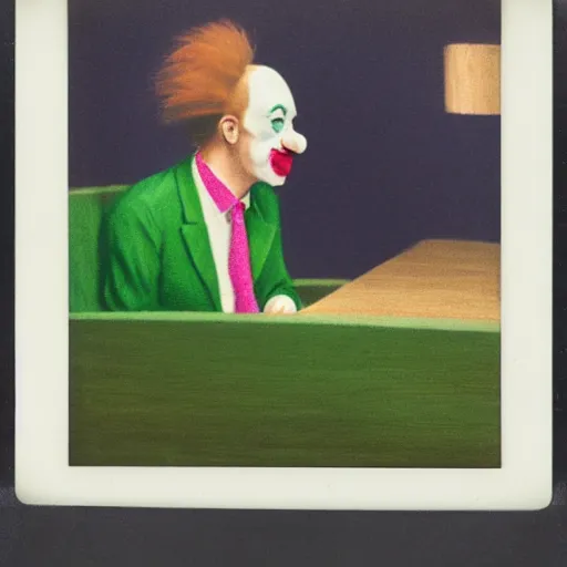 Prompt: a polaroid of a highly detailed beautiful close up of a british member of parliament in the house of commons wearing pastel coloured clown costumes, they are smoking cannabis. flat, crisp, but in the style of edward hopper, richard hamilton. concept art. green leather benches. photographic. concept. crisp. no artefacts. high fidelity facial portrait. 8 k