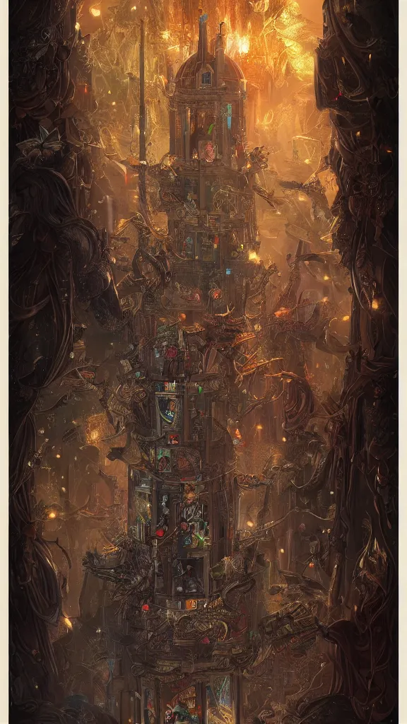 Prompt: the tower tarot card, maximalist, high detail, 8 k, ornate, dark fantasy, realistic, masterpiece, trending on art station, complex, wlop