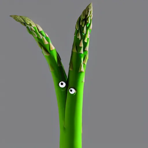 Image similar to poorly rendered 3 d asparagus character with scary face