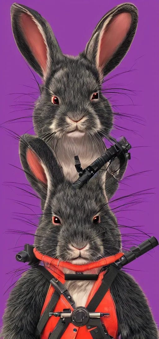 Prompt: portrait of neon fur rabbit with red eyes and a machine gun , 8k, highly detailed, sharp, realistic, in style of Brom