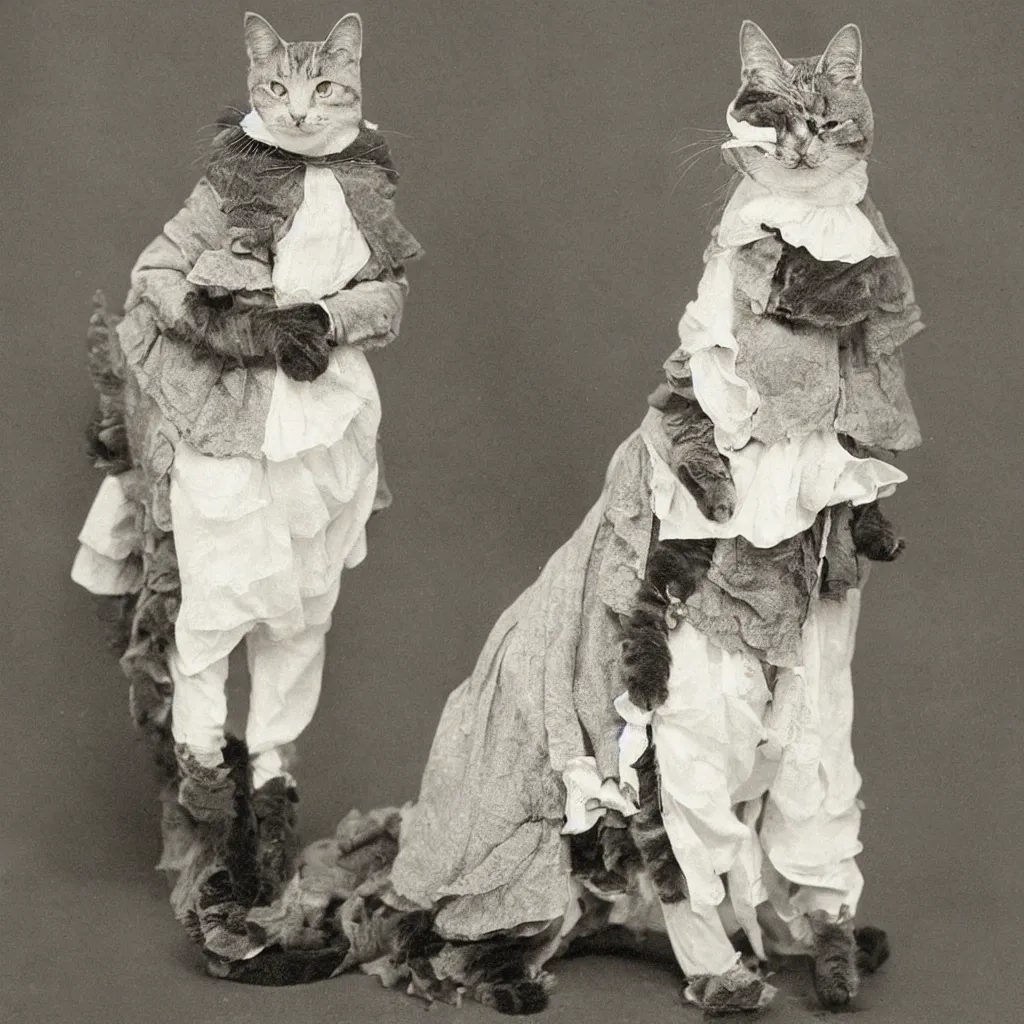 Image similar to a male cat dressed in a victorian era dress