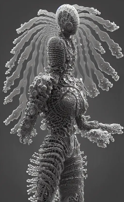 Image similar to intricate armored angel, eagle coral, jelly fish, mandelbulb 3 d, fractal flame, octane render, cyborg, biomechanical, futuristic, by ernst haeckel