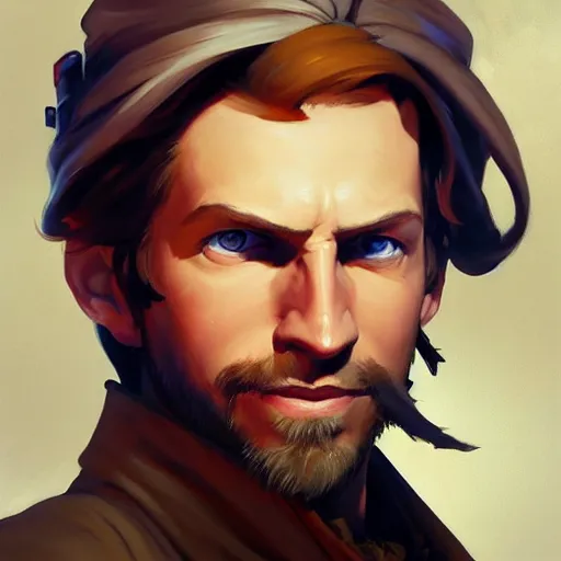 Prompt: Greg Manchess portrait painting o Guybrush Threpwood as Overwatch character, medium shot, asymmetrical, profile picture, Organic Painting, sunny day, Matte Painting, bold shapes, hard edges, street art, trending on artstation, by Huang Guangjian and Gil Elvgren and Sachin Teng