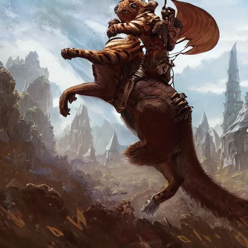 Image similar to Squirrel knight riding tiger, magic the gathering artwork, horror, D&D, fantasy, cinematic lighting, centered, symmetrical, highly detailed, digital painting, artstation, concept art, smooth, sharp focus, illustration, volumetric lighting, epic Composition, 8k, art by Akihiko Yoshida and Greg Rutkowski and Craig Mullins, oil painting, cgsociety