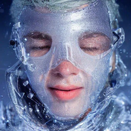 Image similar to futuristic female soldier eyes closed partly submerged in highly viscous clear fluid, frost particles, ice needles, cold blue light, complex hyperdetailed technical suit. white hair flowing. reflection. rays and dispersion of light. volumetric light. 5 0 mm, f / 3 2. noise film photo. ultra realistic, wide angle.