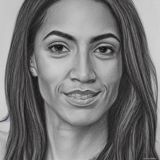 Prompt: pencil drawing of alexandia ocasio cortez, detailed, portrait