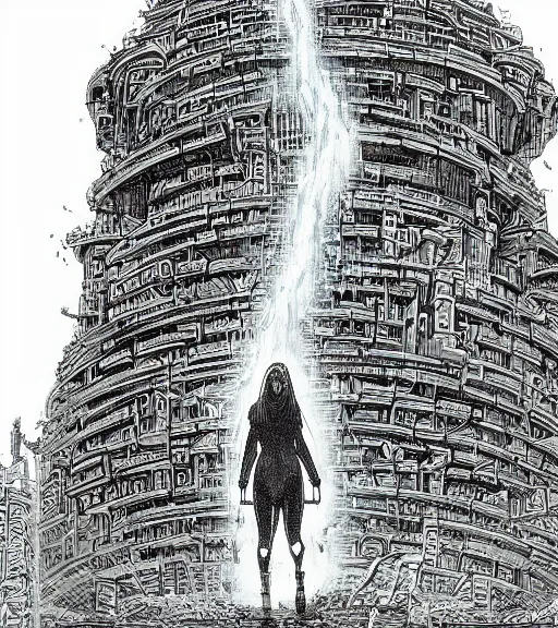 Image similar to tarkovsky scene, epic ancient tower of babylon below a woman in transparent cyber clothing, hyperrealistic, blame manga, full color, manga style, by tsutomu nihei, cyber architecture, intricate, concept art, hyper - detailed, smooth, masterpiece, epic, cinematic, high quality