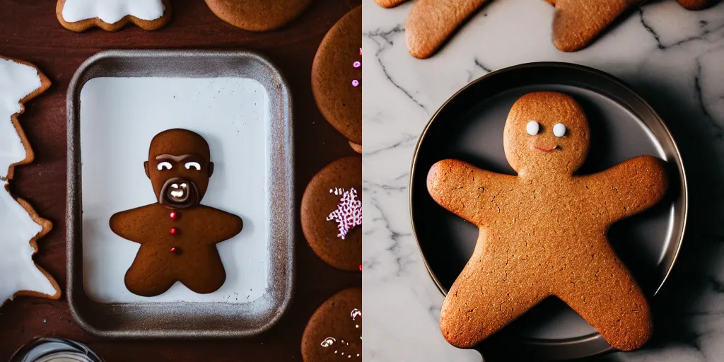 Prompt: gingerbread cookie shaped like Kanye West on a baking pan, dslr, photography