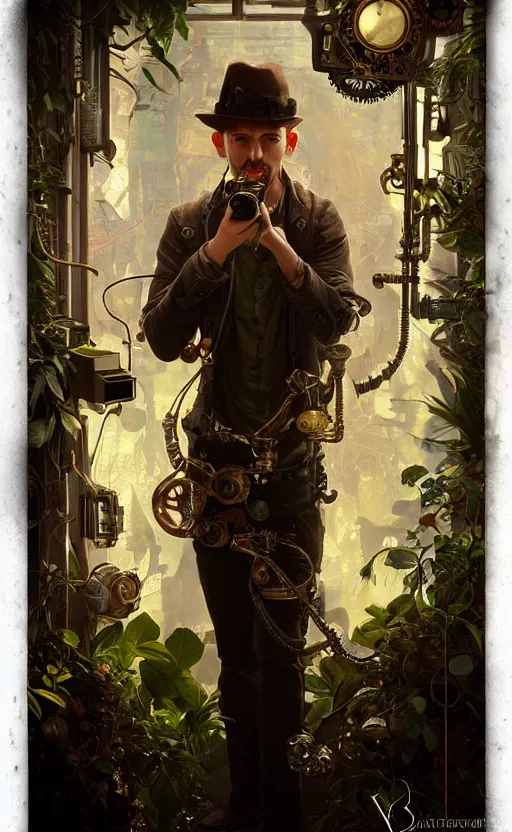 Image similar to hyper realistic male photographer looking through a vintage steampunk medium format camera, design on white background, beautiful details, lush foliage cyberpunk, gold, drawn by john singer sargent, tom bagshaw, norman rockwell, alphonso mucha, lolish, trending on artstation