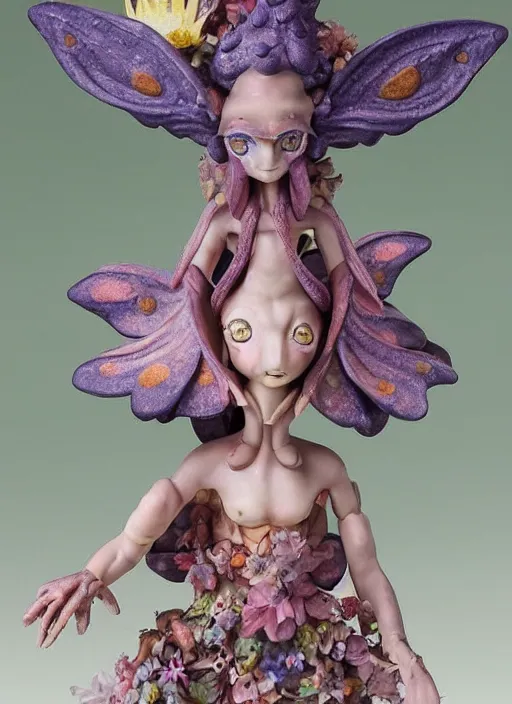 Prompt: a wholesome femo figurine of a cute funny moyai fairy with freckles wearing a frilly floral moyai dress featured on dark souls by studio ghibly and h r giger made of easter island head, pastels, wide angle, dynamic dancing pose, 🎀 🗿 🧚