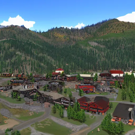 Image similar to the town of Aspen Creek, mountain valley mining town, 4k, scenic