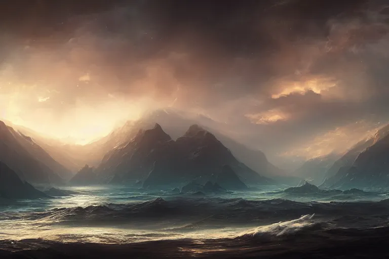 Prompt: cinematic painting by jessica rossier, in the beginning god created the heavens and the earth, now the earth was formless and empty, darkness was over the surface of the deep, and the spirit of god was hovering over the waters.