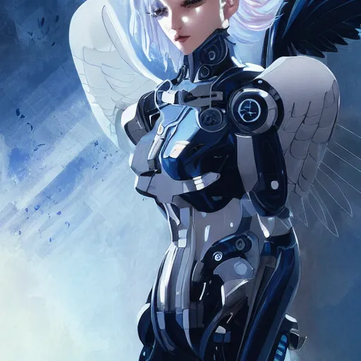 Image similar to Beautiful cyborg angel girl, blue eyes, white hair, front light, clear skin, futuristic room background, excellent composition, decorations, innocent look, high quality, highly detailed, scifi, trending on ArtStation, art by Minjae Lee, Kim Sang-Hui