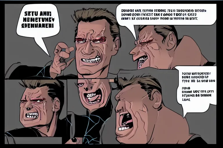 Prompt: high quality 3D render of the terminator saying something funny in a speech bubble with text