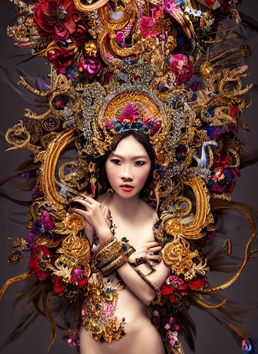 Image similar to expressive full body photo of a thai female model, ornate headpiece made from flowers, ornaments, glamour shot, by karol bak, by stefan gesell, photorealistic, canon r 3, fashion photography, hyper maximalist, elegant, ornate, luxury, elite, environmental portrait, symmetrical features, octane render, unreal engine, solid dark grey background, dramatic lights