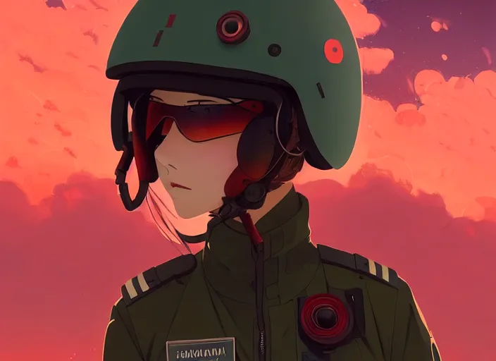 Image similar to portrait of pilot girl talking, red sky background, chaotic landscape, illustration concept art anime key visual trending pixiv fanbox by wlop and greg rutkowski and makoto shinkai and studio ghibli and kyoto animation, red body suit, military gear, handgun, red crow 1, grimdark