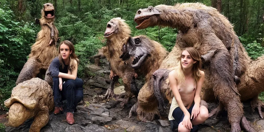 Image similar to photo, three hairy fat cave people, emma!! watson!!, looking at camera, surrounded by dinosaurs!, gigantic forest trees, sitting on rocks, bright moon, birthday cake on the ground, front close - up view of her face