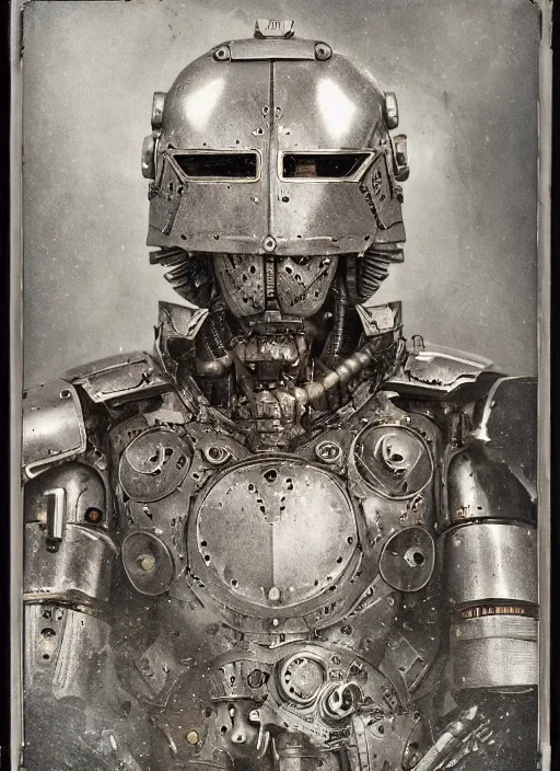 Image similar to old wetplate daguerreotype frame portrait of a futuristic silver armored knight district 9 cyborg, fractal, intricate, elegant, highly detailed, subsurface scattering, by jheronimus bosch and greg rutkowski and louis jacques mande daguerre