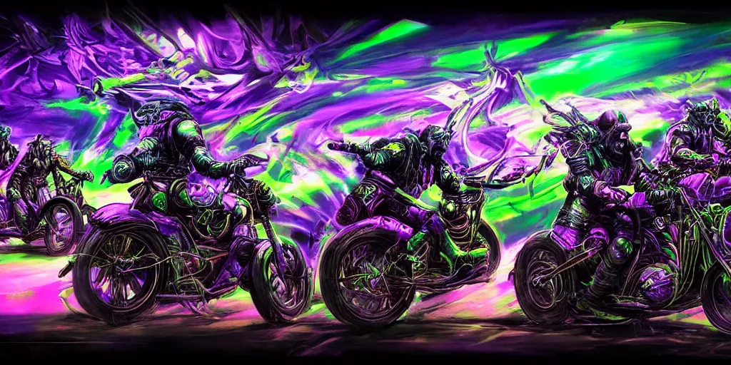 Prompt: psychedelic blacklight neon airbrush artwork, motorcycles, hyper stylized cinematic action shot of orcs in battle armor racing on motorcycles, menacing orcs, drifting, skidding, wheelie, clear focused details, soft airbrushed artwork, black background, post apocalypse, cgsociety, artstation