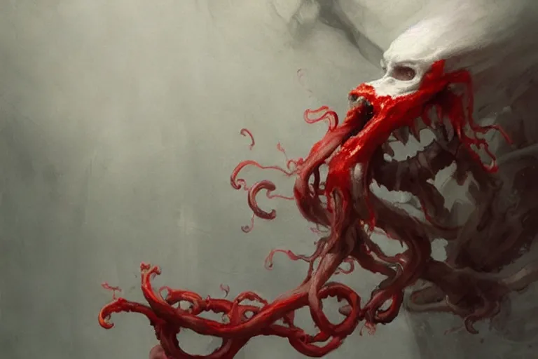 Image similar to painting by greg rutkowski of a flying human head and face that is chalk white in color, with white tentacles coming of the neck, red eyes, flying in a terrying hell like cavernous place