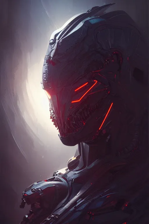 Prompt: professional concept art portrait of a predatory robotic species in a dark room by artgerm and greg rutkowski. an intricate, elegant, highly detailed digital painting, concept art, smooth, sharp focus, illustration, in the style of cam sykes, wayne barloweigor, kieryluk.