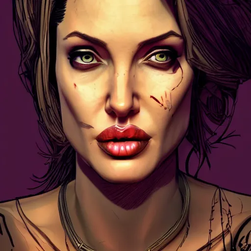 Image similar to angelina jolie portrait, borderlands, tales from the borderlands, the wolf among us, comic, cinematic lighting, studio quality, 8 k