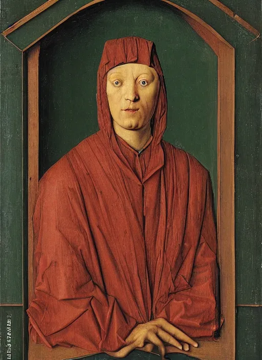 Image similar to a portrait of a half-human, half-machine cybord by Jan van Eyck