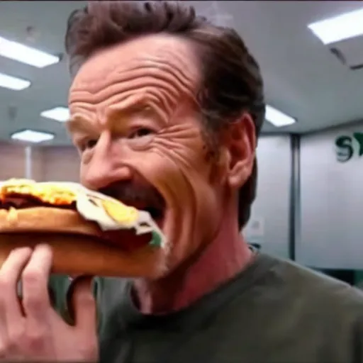 Prompt: security camera footage of bryan cranston eating a big subway sandwich