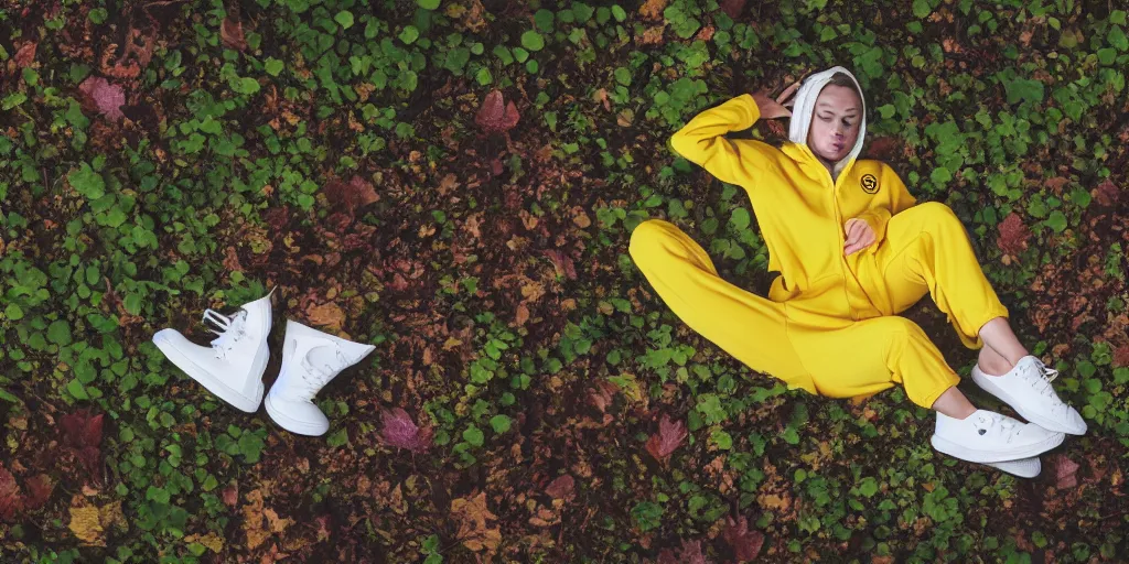 Image similar to female laying down wearing yellow velor sweat suit and dirty heavily worn white keds slip on tennis shoe with toes pointing up covered by dark colored leaves and twigs from the calf and up in eery forest with lots of dark colored leaves and foliage, sunlight streaming down, highly detailed, unreal engine