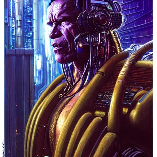 Image similar to schwarzenegger as cyberpunk xenohunter, atmospheric lighting, painted, intricate, golden and purple hour, ultra detailed by peter gric, giger, enki bilal