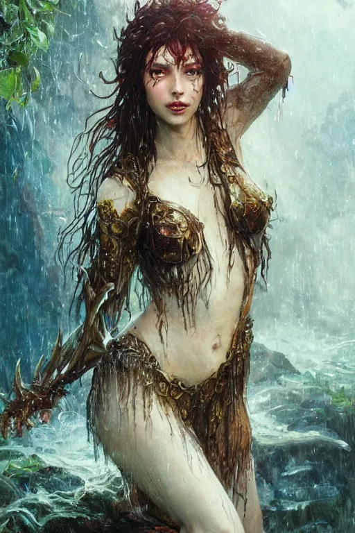 Prompt: portrait of a beautiful woman wearing a dark fantasy armor, drenched body, wet dripping hair, emerging from the water, fantasy, regal, fractal crystal, fractal gems, by stanley artgerm lau, greg rutkowski, thomas kindkade, alphonse mucha, loish, norman rockwell, ross tran