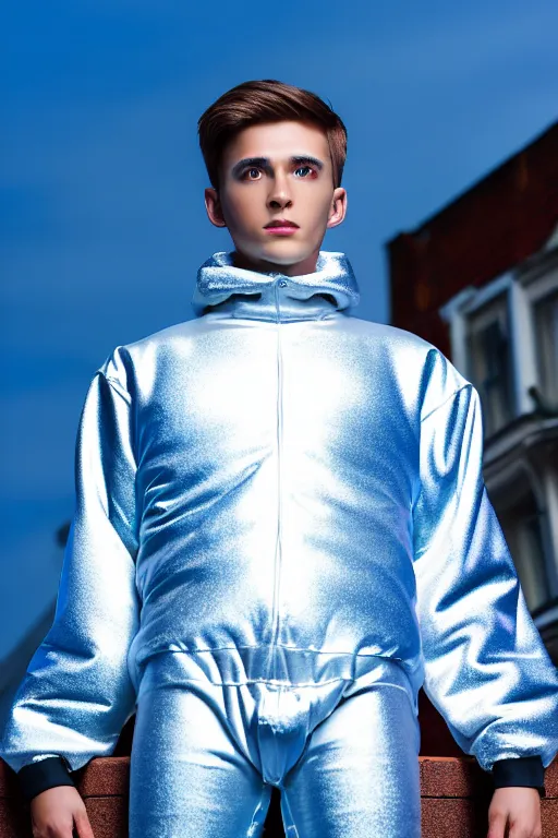 Image similar to un ultra high definition studio quality photographic art portrait of a young man standing on the rooftop of a british apartment building wearing very soft baggy inflated padded silver iridescent pearlescent clothing. three point light. extremely detailed. golden ratio, ray tracing, volumetric light, shallow depth of field. set dressed.