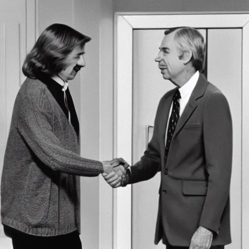 Prompt: mr. rogers welcoming emperor palpatine into his home, color tv screen 1 9 7 0 s