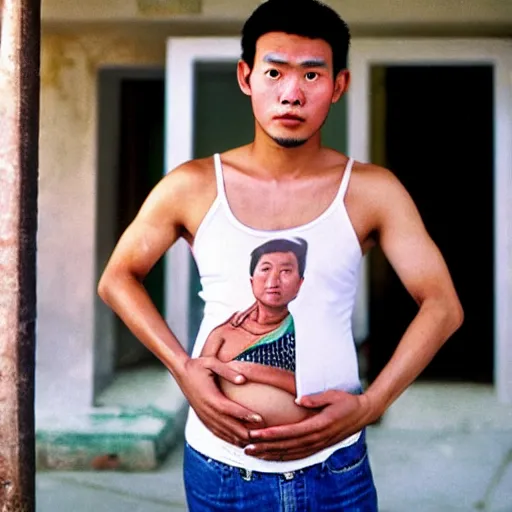 Image similar to A young Thai man in his 20s wearing a tanktop with a big pregnant belly, photographed by Steve McCurry